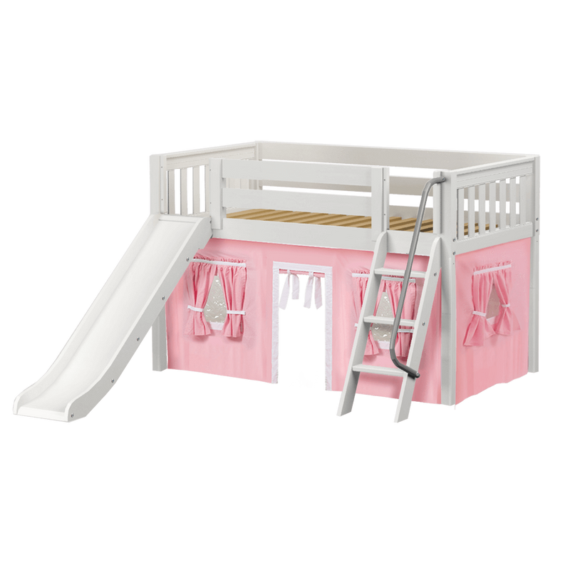 Maxtrix Twin Low Loft Bed with Angled Ladder, Curtain + Slide