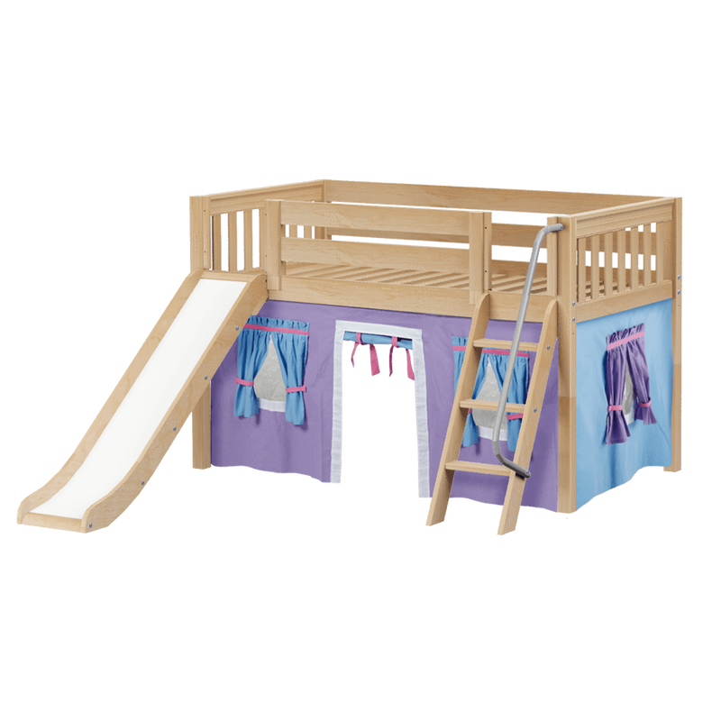 Maxtrix Twin Low Loft Bed with Angled Ladder, Curtain + Slide