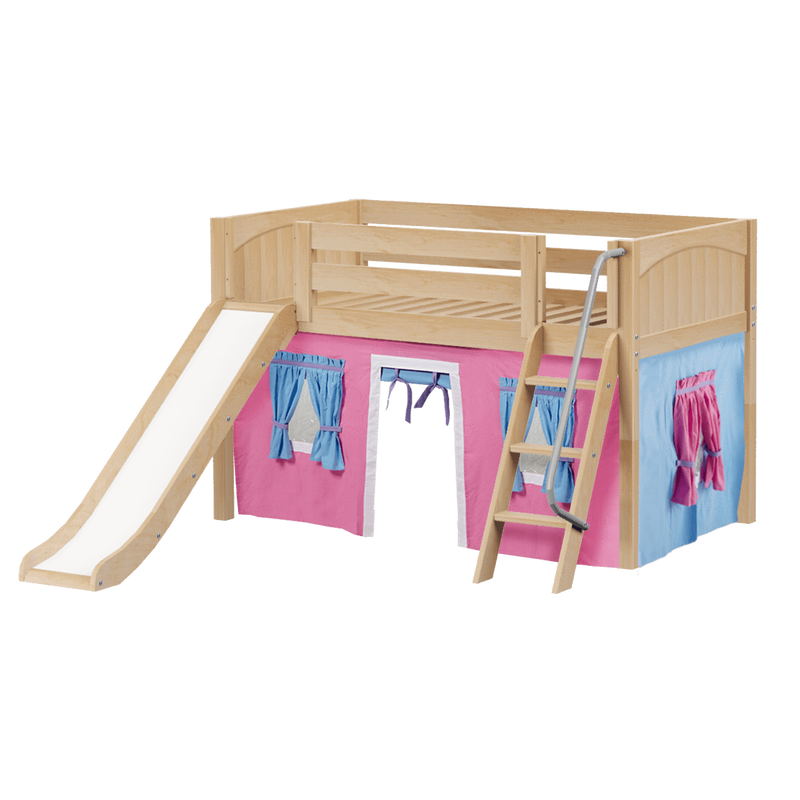 Maxtrix Twin Low Loft Bed with Angled Ladder, Curtain + Slide