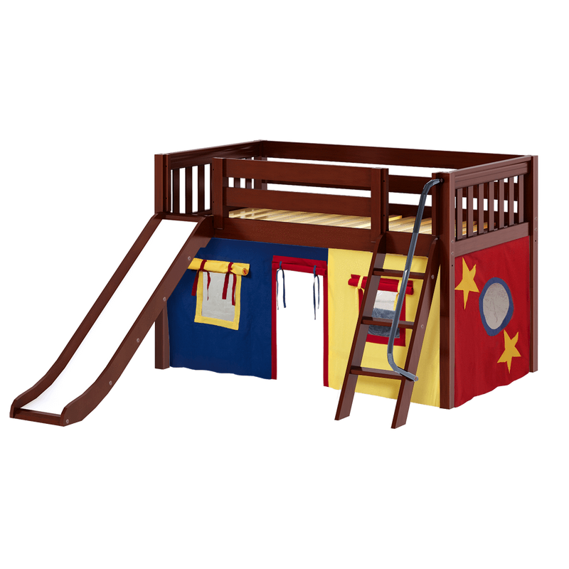 Maxtrix Twin Low Loft Bed with Angled Ladder, Curtain + Slide