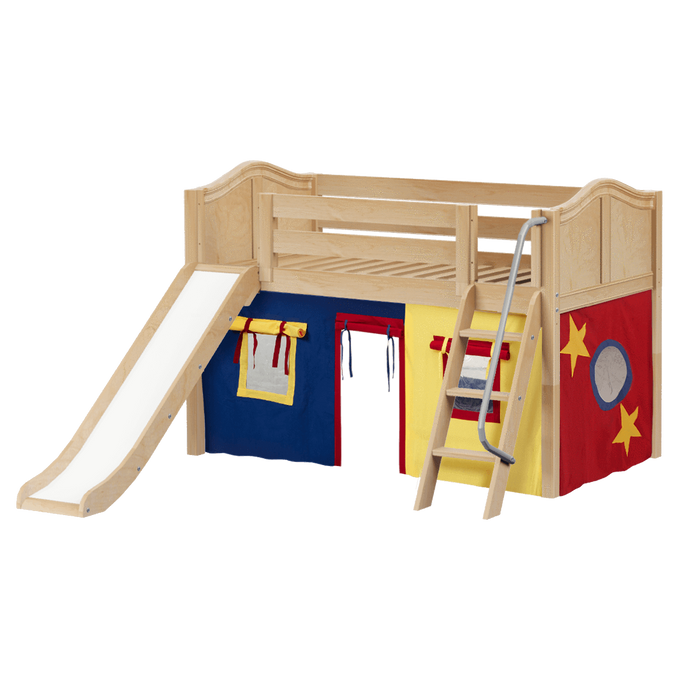 Maxtrix Twin Low Loft Bed with Angled Ladder, Curtain + Slide