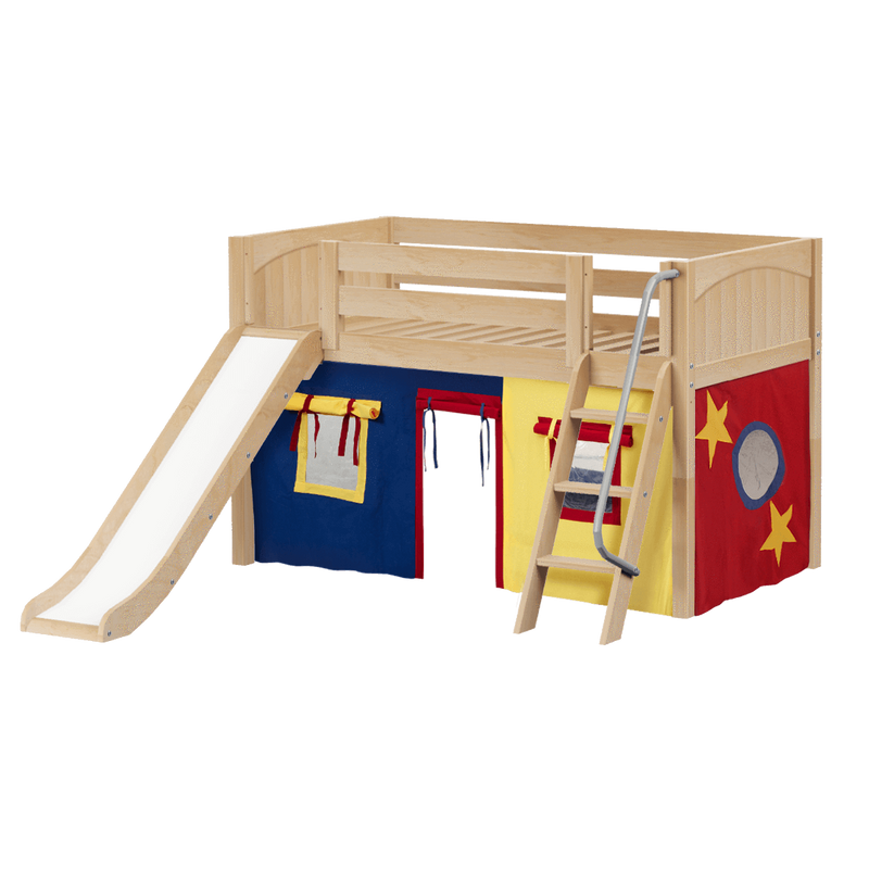 Maxtrix Twin Low Loft Bed with Angled Ladder, Curtain + Slide