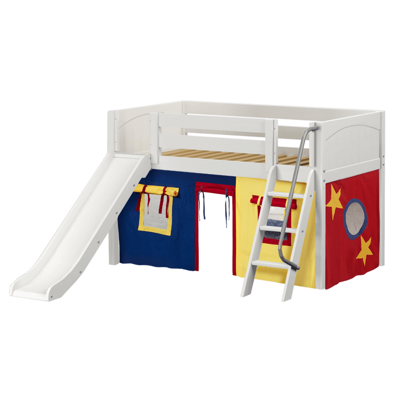 Maxtrix Twin Low Loft Bed with Angled Ladder, Curtain + Slide