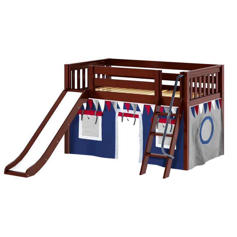 Maxtrix Twin Low Loft Bed with Angled Ladder, Curtain + Slide