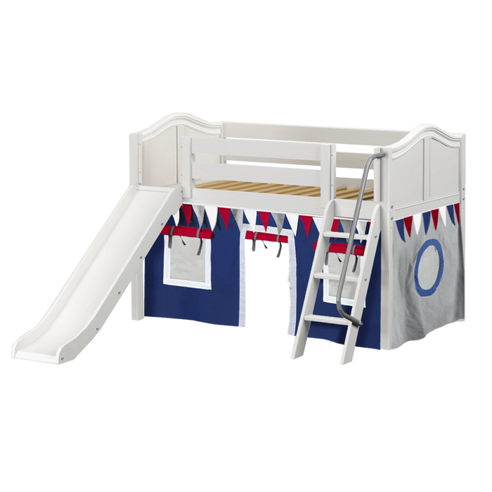 Maxtrix Twin Low Loft Bed with Angled Ladder, Curtain + Slide