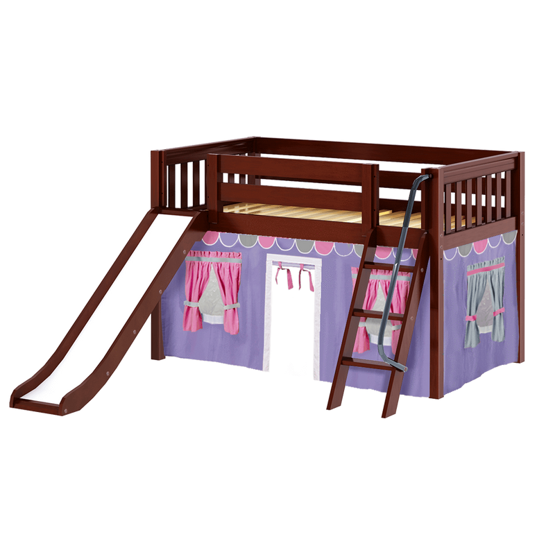 Maxtrix Twin Low Loft Bed with Angled Ladder, Curtain + Slide