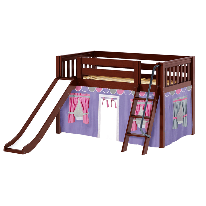 Maxtrix Twin Low Loft Bed with Angled Ladder, Curtain + Slide