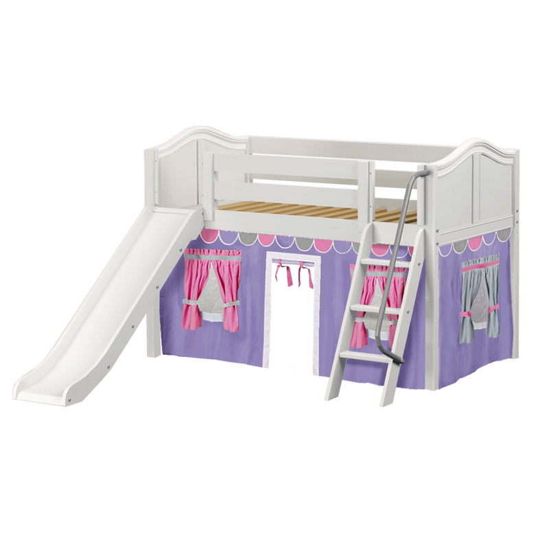 Maxtrix Twin Low Loft Bed with Angled Ladder, Curtain + Slide