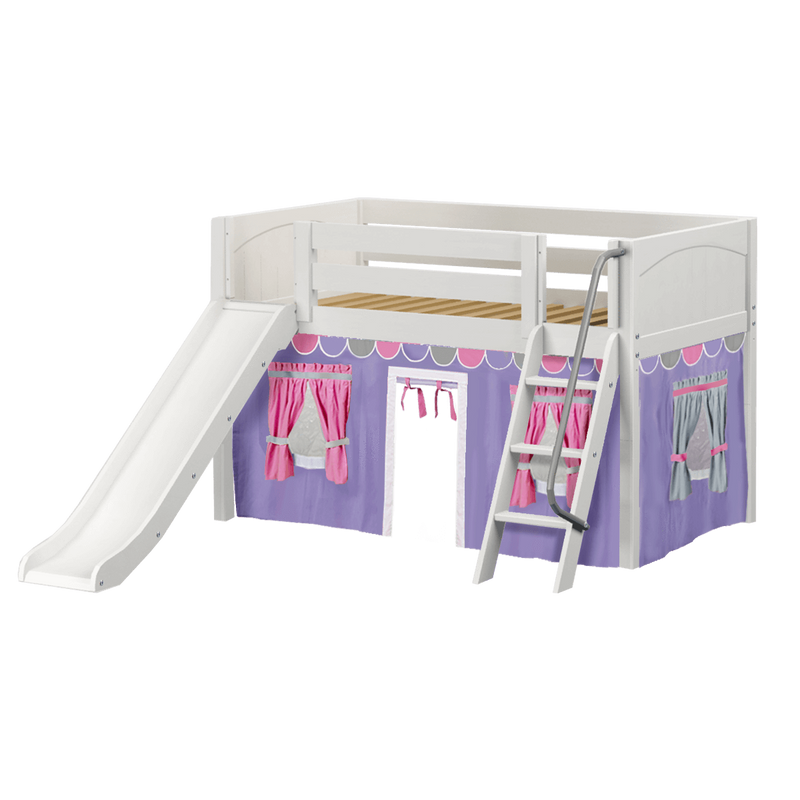 Maxtrix Twin Low Loft Bed with Angled Ladder, Curtain + Slide