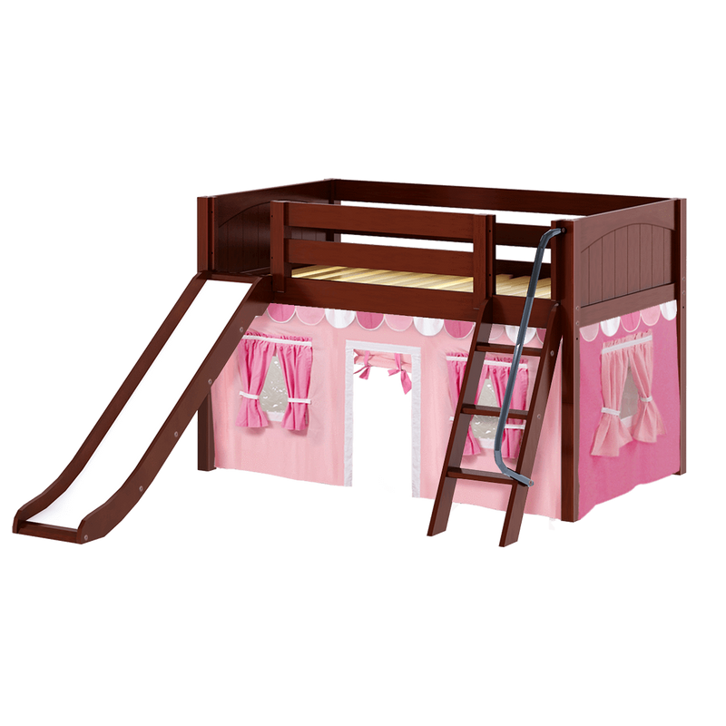 Maxtrix Twin Low Loft Bed with Angled Ladder, Curtain + Slide