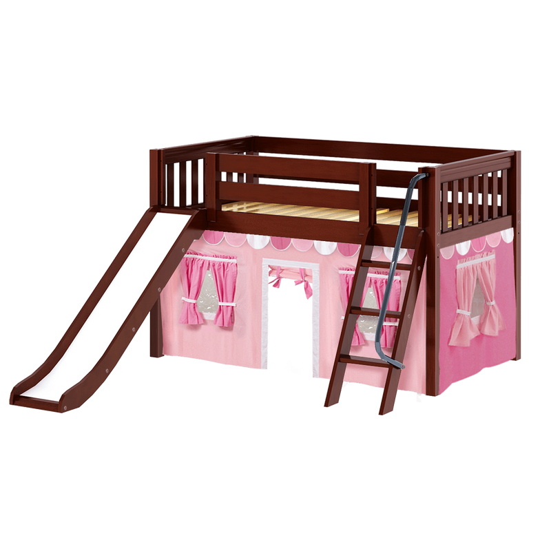 Maxtrix Twin Low Loft Bed with Angled Ladder, Curtain + Slide