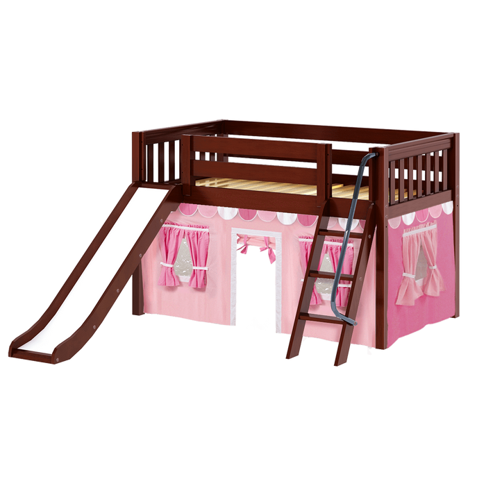 Maxtrix Twin Low Loft Bed with Angled Ladder, Curtain + Slide