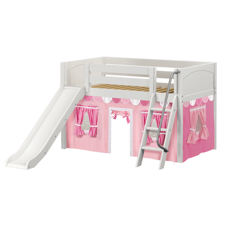 Maxtrix Twin Low Loft Bed with Angled Ladder, Curtain + Slide