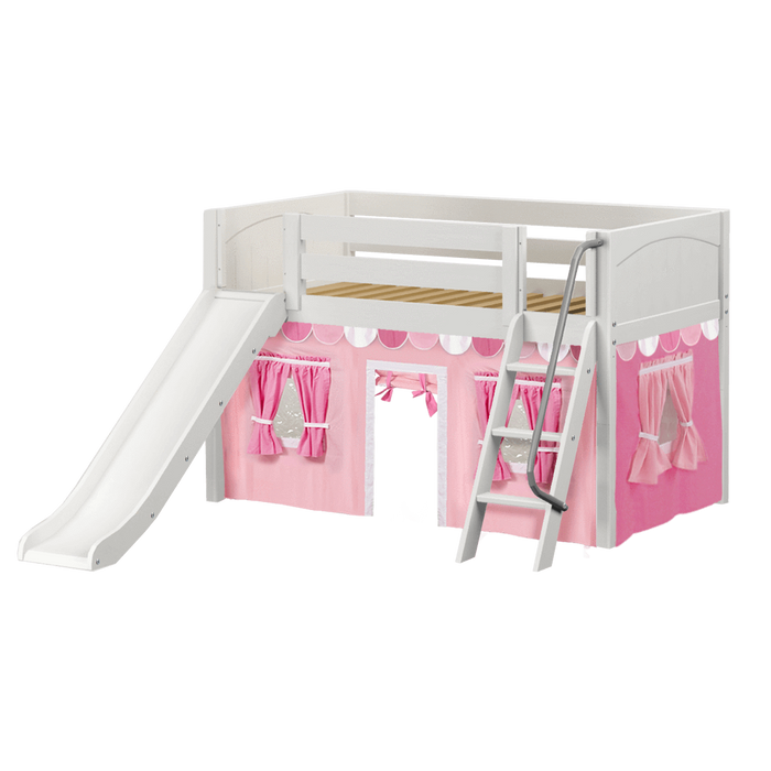 Maxtrix Twin Low Loft Bed with Angled Ladder, Curtain + Slide