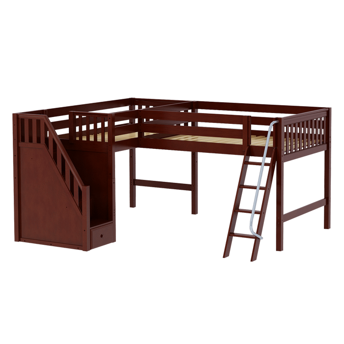 Maxtrix Twin Full Medium Corner Loft Bed with Ladder + Stairs - L