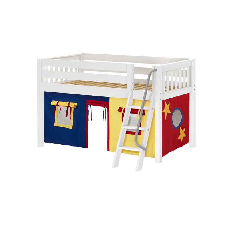 Maxtrix Twin Low Loft Bed with Angled Ladder + Curtain