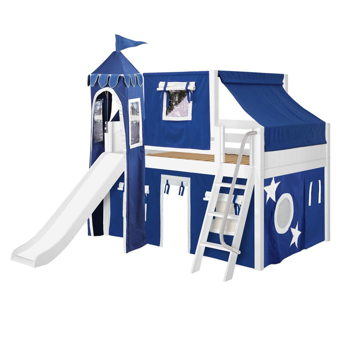Maxtrix Full Low Loft Bed with Angled Ladder, Curtain, Top Tent, Tower + Slide