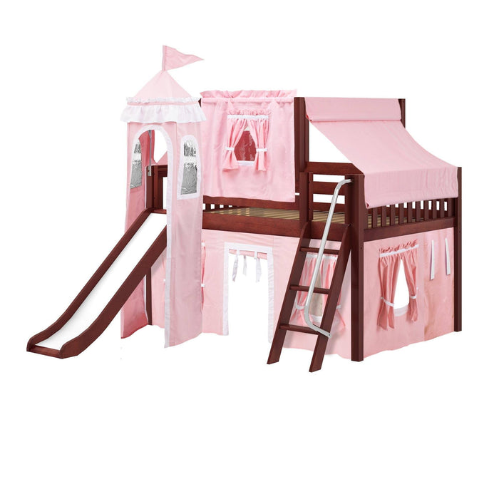 Maxtrix Full Low Loft Bed with Angled Ladder, Curtain, Top Tent, Tower + Slide
