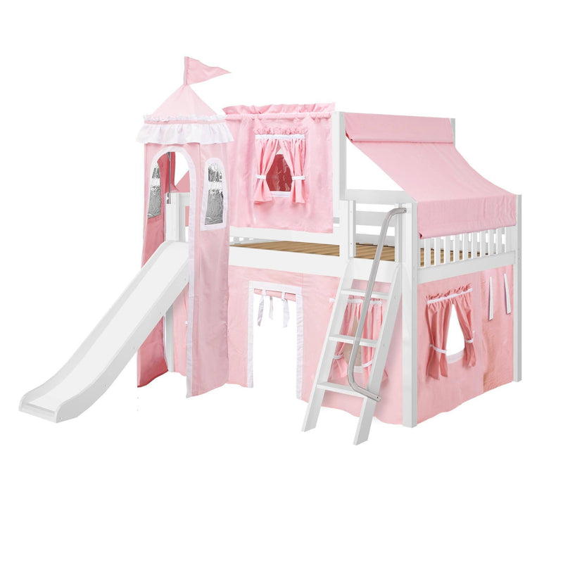 Maxtrix Full Low Loft Bed with Angled Ladder, Curtain, Top Tent, Tower + Slide