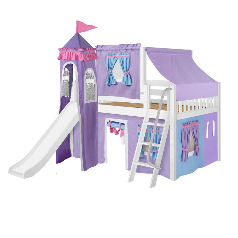 Maxtrix Full Low Loft Bed with Angled Ladder, Curtain, Top Tent, Tower + Slide