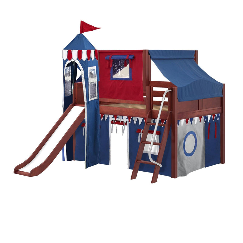 Maxtrix Full Low Loft Bed with Angled Ladder, Curtain, Top Tent, Tower + Slide