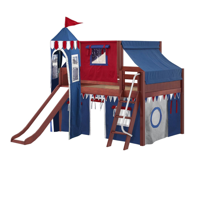 Maxtrix Full Low Loft Bed with Angled Ladder, Curtain, Top Tent, Tower + Slide