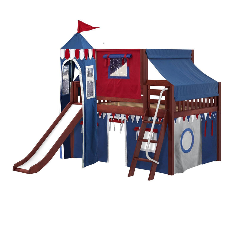 Maxtrix Full Low Loft Bed with Angled Ladder, Curtain, Top Tent, Tower + Slide