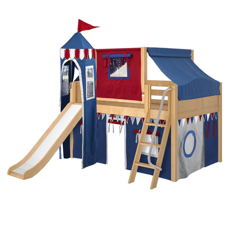 Maxtrix Full Low Loft Bed with Angled Ladder, Curtain, Top Tent, Tower + Slide