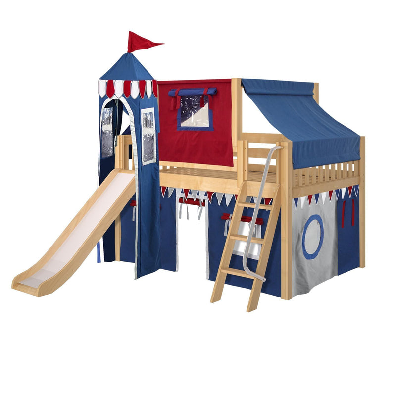 Maxtrix Full Low Loft Bed with Angled Ladder, Curtain, Top Tent, Tower + Slide