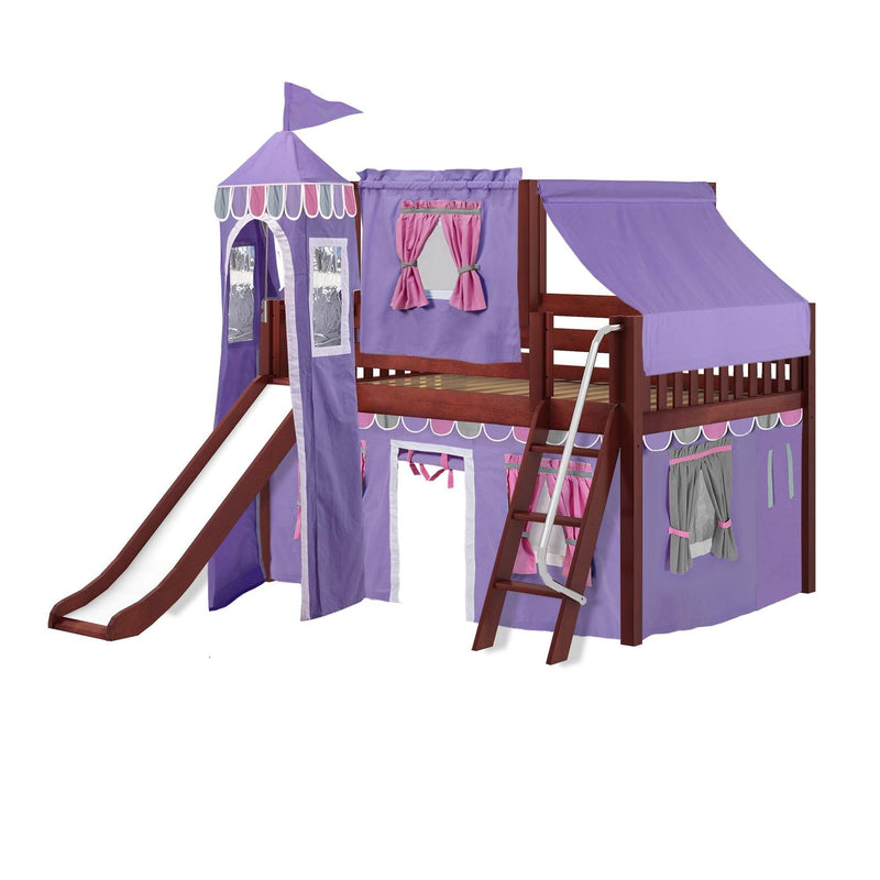 Maxtrix Full Low Loft Bed with Angled Ladder, Curtain, Top Tent, Tower + Slide