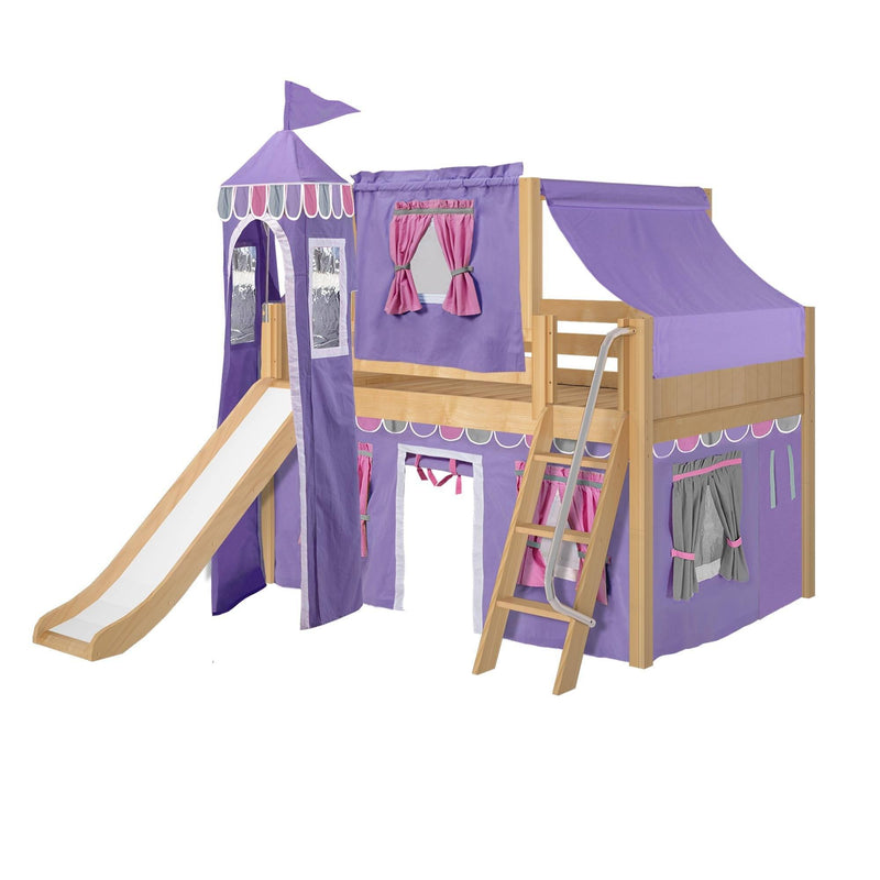 Maxtrix Full Low Loft Bed with Angled Ladder, Curtain, Top Tent, Tower + Slide