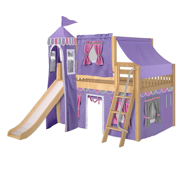 Maxtrix Full Low Loft Bed with Angled Ladder, Curtain, Top Tent, Tower + Slide