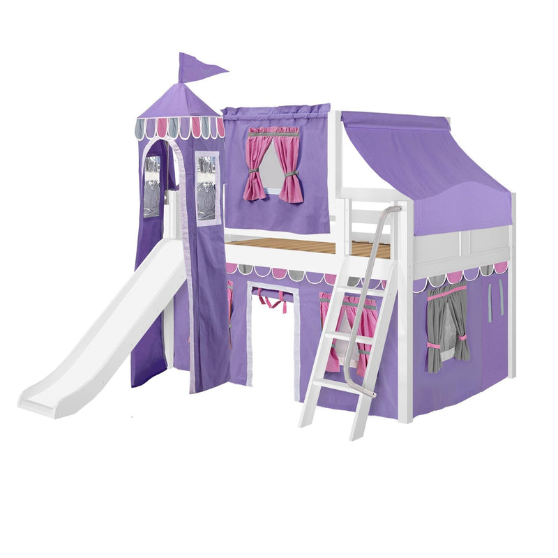 Maxtrix Full Low Loft Bed with Angled Ladder, Curtain, Top Tent, Tower + Slide
