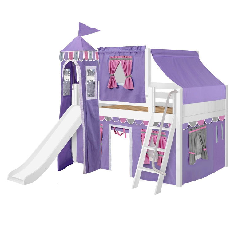 Maxtrix Full Low Loft Bed with Angled Ladder, Curtain, Top Tent, Tower + Slide