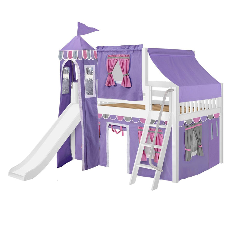 Maxtrix Full Low Loft Bed with Angled Ladder, Curtain, Top Tent, Tower + Slide