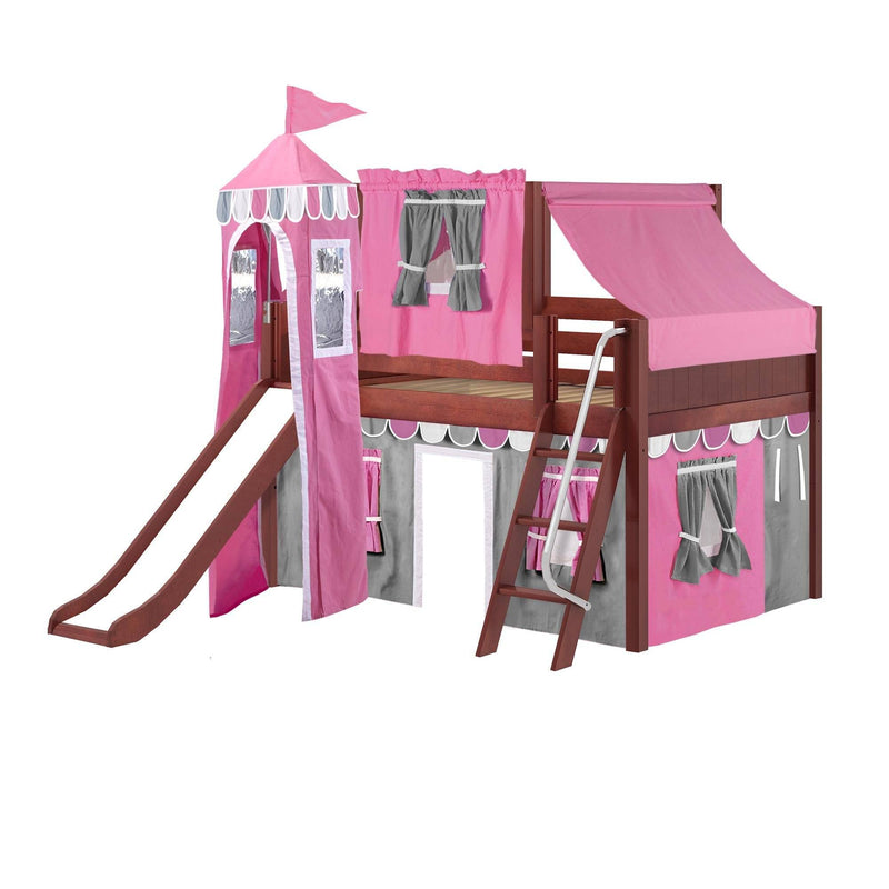 Maxtrix Full Low Loft Bed with Angled Ladder, Curtain, Top Tent, Tower + Slide