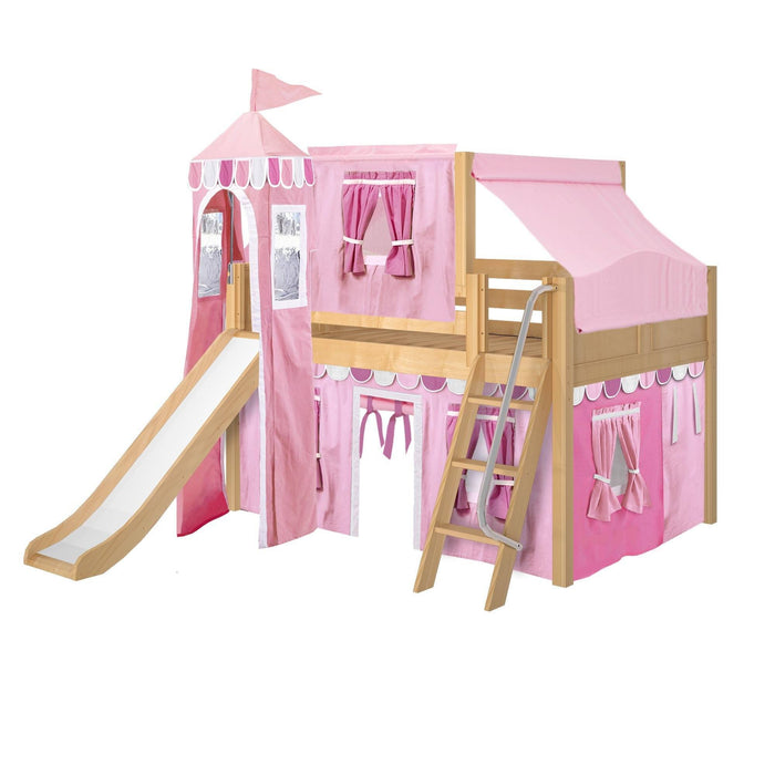 Maxtrix Full Low Loft Bed with Angled Ladder, Curtain, Top Tent, Tower + Slide