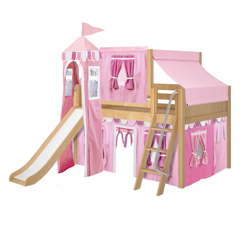 Maxtrix Full Low Loft Bed with Angled Ladder, Curtain, Top Tent, Tower + Slide