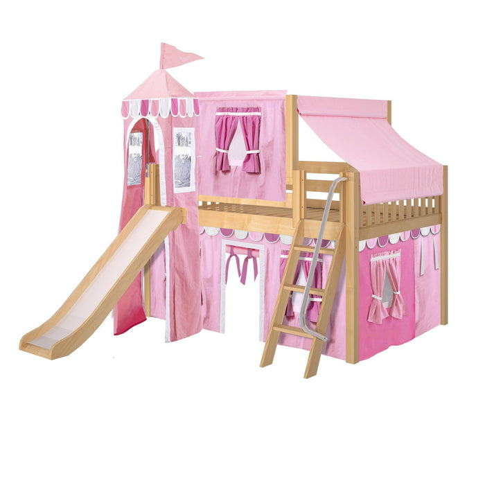 Maxtrix Full Low Loft Bed with Angled Ladder, Curtain, Top Tent, Tower + Slide