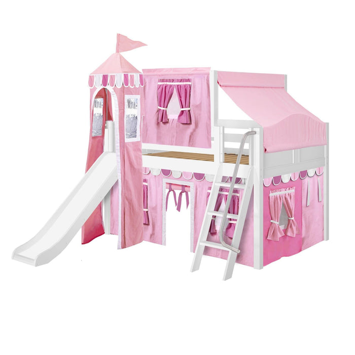 Maxtrix Full Low Loft Bed with Angled Ladder, Curtain, Top Tent, Tower + Slide
