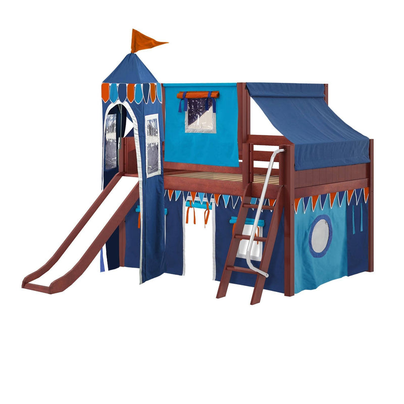 Maxtrix Full Low Loft Bed with Angled Ladder, Curtain, Top Tent, Tower + Slide