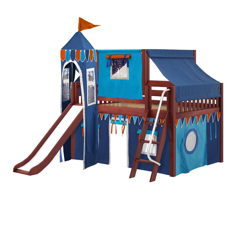 Maxtrix Full Low Loft Bed with Angled Ladder, Curtain, Top Tent, Tower + Slide