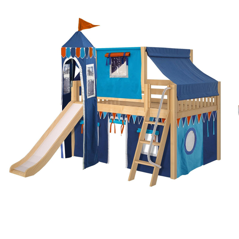 Maxtrix Full Low Loft Bed with Angled Ladder, Curtain, Top Tent, Tower + Slide