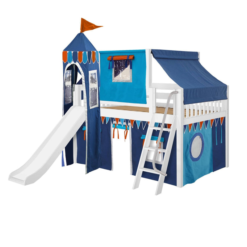 Maxtrix Full Low Loft Bed with Angled Ladder, Curtain, Top Tent, Tower + Slide