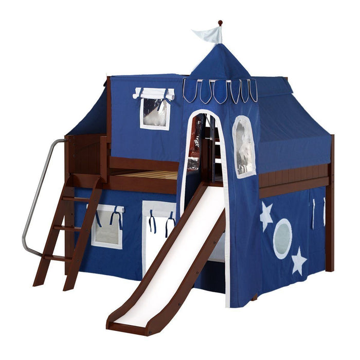 Maxtrix Full Low Loft Bed with Angled Ladder, Curtain, Top Tent, Tower + Slide