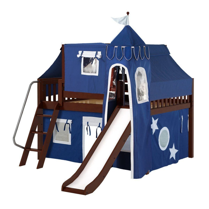 Maxtrix Full Low Loft Bed with Angled Ladder, Curtain, Top Tent, Tower + Slide