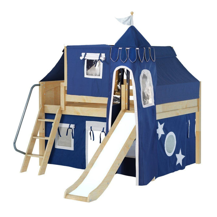Maxtrix Full Low Loft Bed with Angled Ladder, Curtain, Top Tent, Tower + Slide