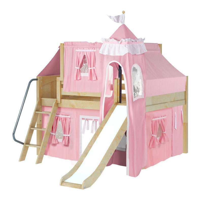 Maxtrix Full Low Loft Bed with Angled Ladder, Curtain, Top Tent, Tower + Slide