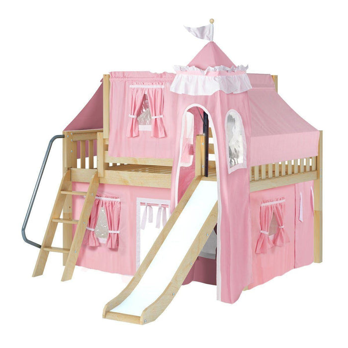 Maxtrix Full Low Loft Bed with Angled Ladder, Curtain, Top Tent, Tower + Slide