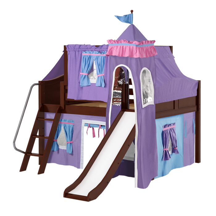 Maxtrix Full Low Loft Bed with Angled Ladder, Curtain, Top Tent, Tower + Slide